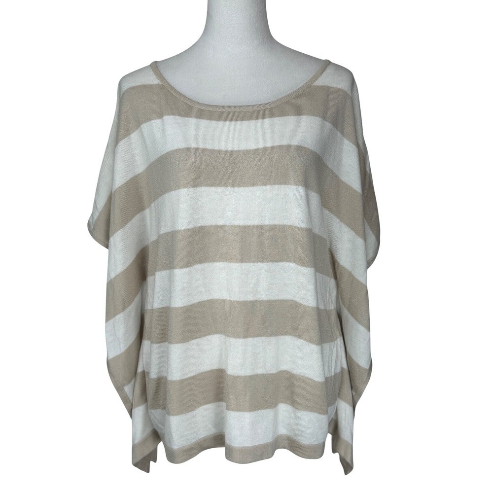 New York & Co Women Boat Neck Sweater XL Beige White Striped Dolman Sleeve